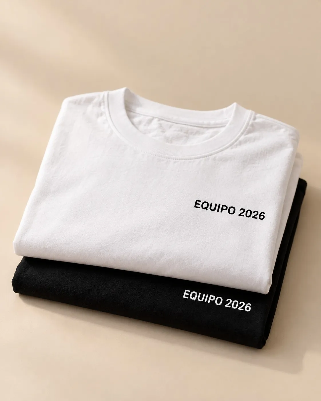 Camisetas dobladas, blanca y negra, con un diseño de vinilo textil sencillo en el pecho.