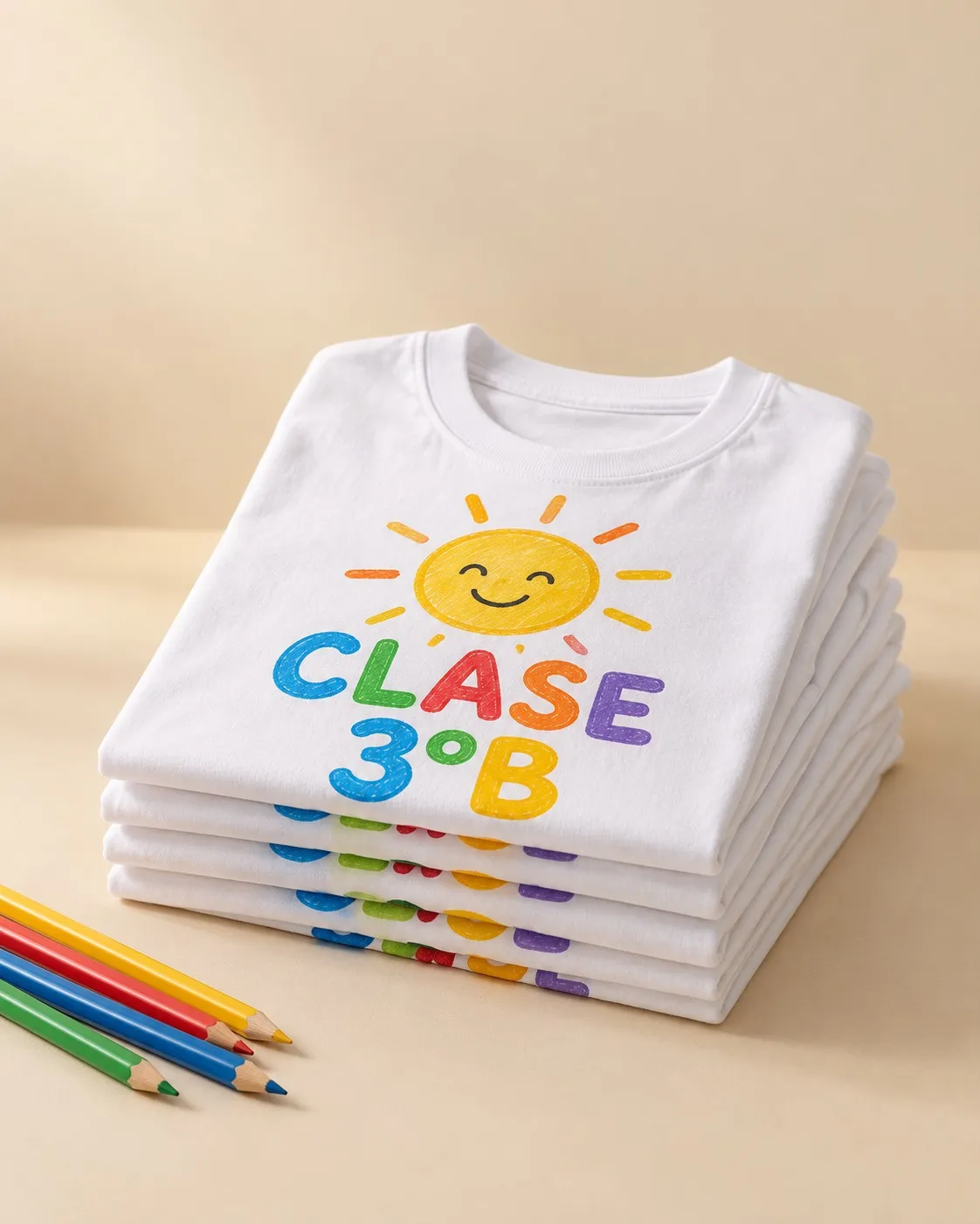 Camisetas infantiles dobladas con un diseño de clase, junto a lápices de colores.