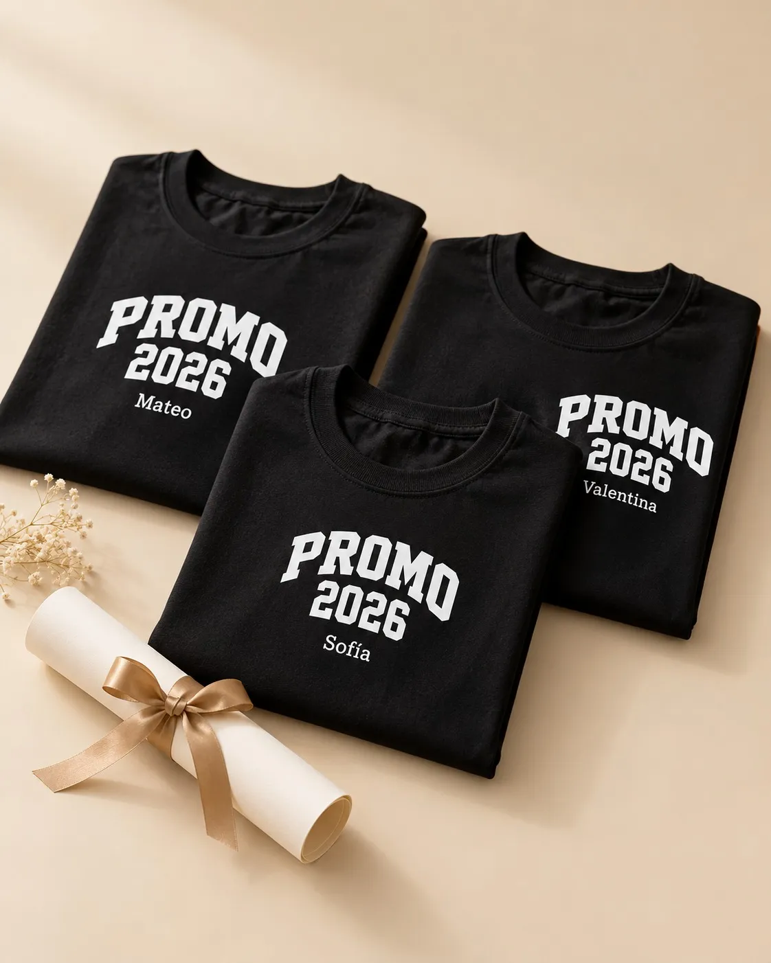 Camisetas negras de graduación con PROMO 2026 y nombres, junto a un diploma con lazo.