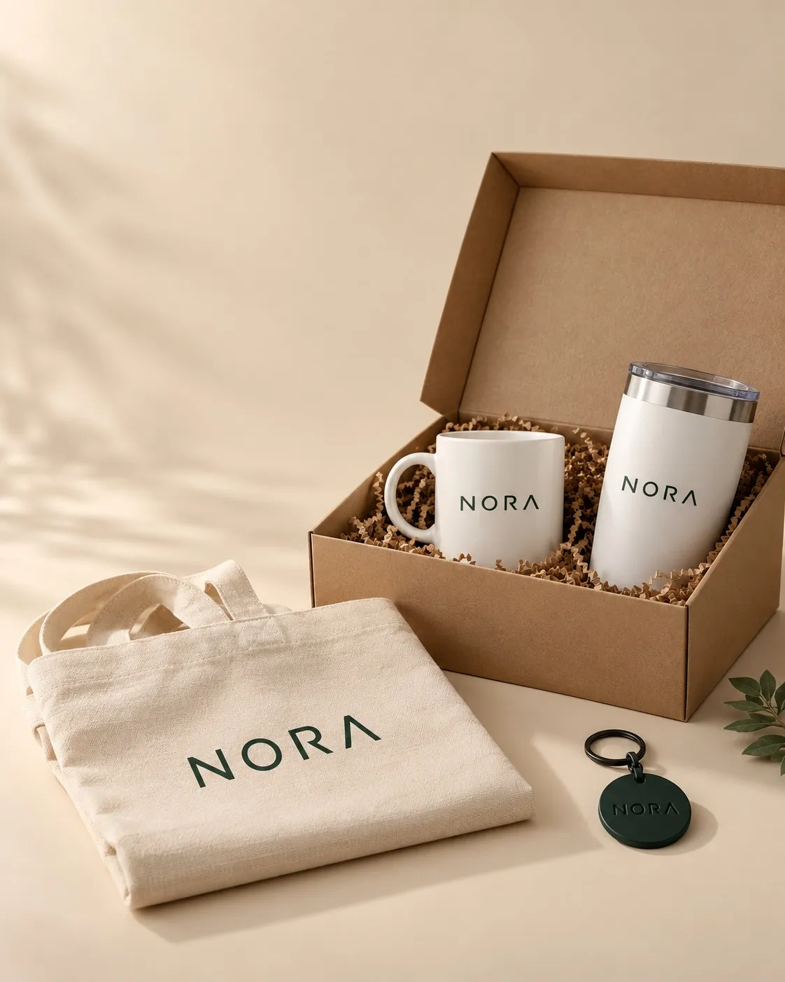 Productos personalizados por Fenia sobre fondo beige