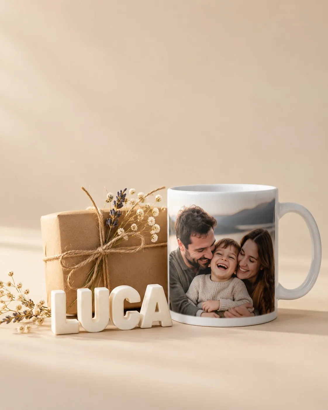 Productos personalizados por Fenia sobre fondo beige
