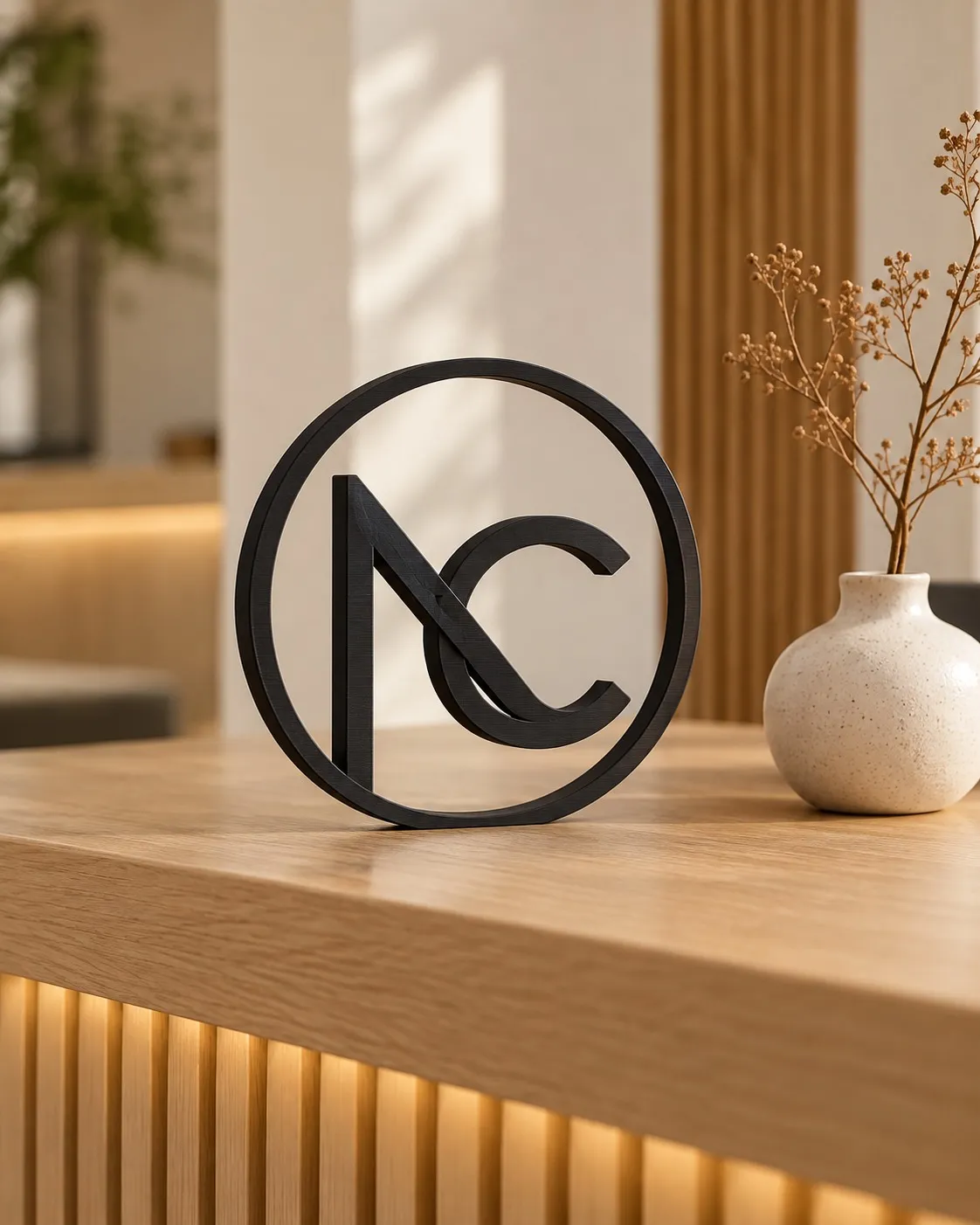 Logo impreso en 3D en negro mate sobre el mostrador de una recepción.