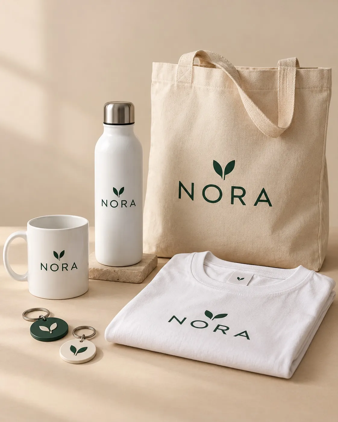 Conjunto de merchandising con un logo ficticio: bolsa, botella, taza, camiseta y llaveros.