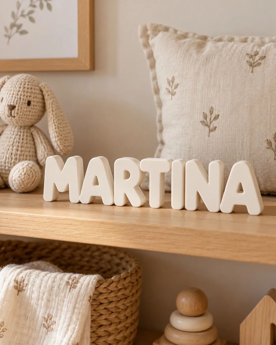 Nombre MARTINA impreso en 3D en blanco mate sobre una estantería infantil.