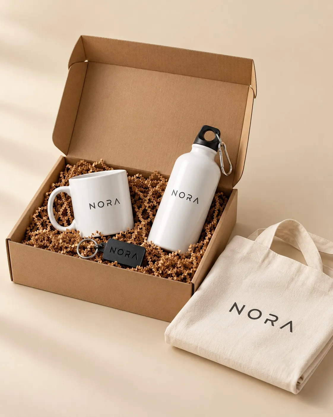 Caja de regalo de empresa con taza, botella, llavero y bolsa con el mismo logo ficticio.