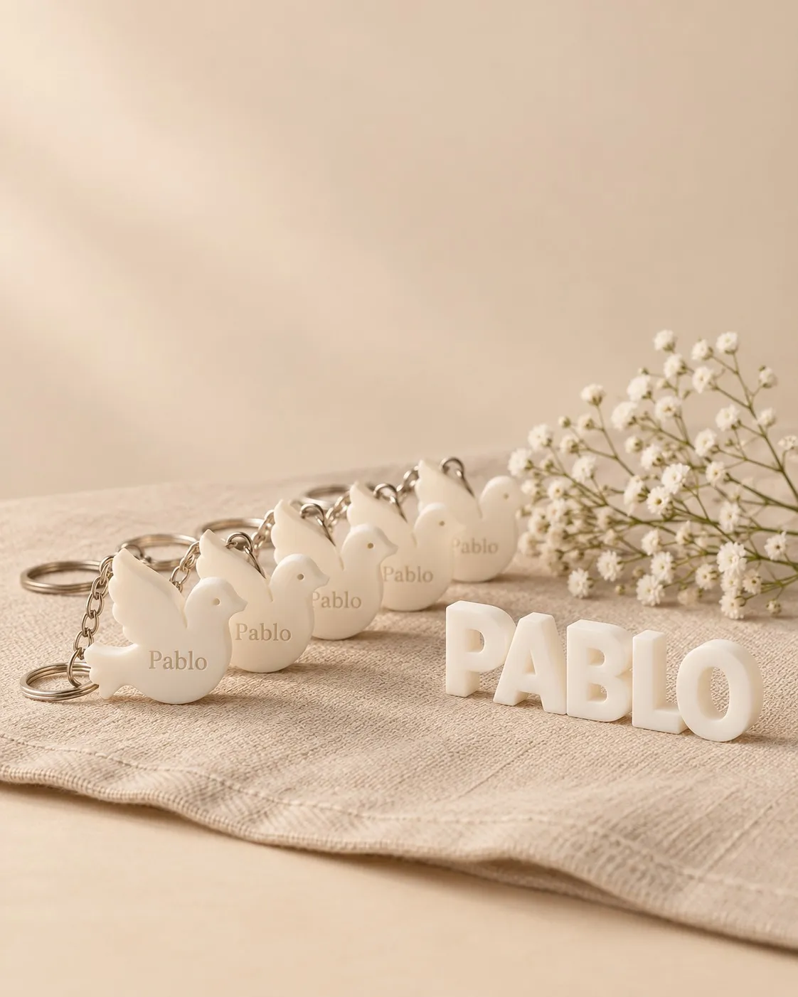 Recuerdos de comunión: llaveros 3D en forma de paloma y un nombre en blanco, con paniculata.