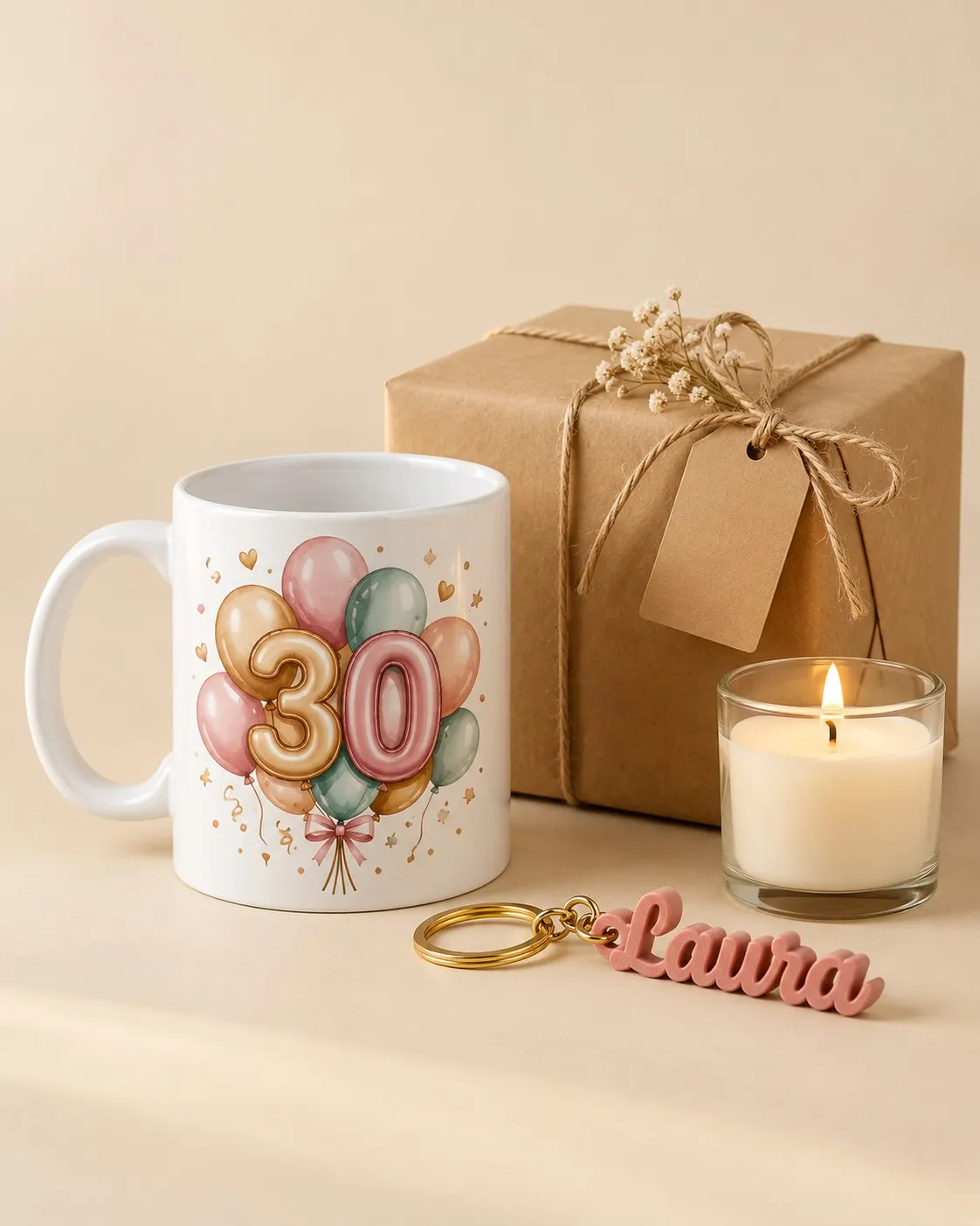 Regalos de cumpleaños: taza con globos y el número 30, llavero 3D con nombre, vela y paquete envuelto.