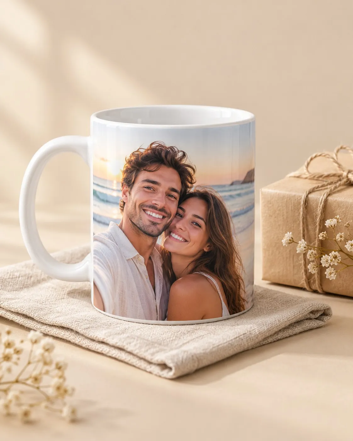 Taza blanca personalizada con una foto de pareja impresa a todo color, junto a un regalo envuelto.