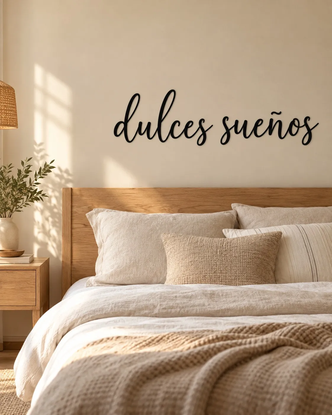 Pared de dormitorio con una frase decorativa en vinilo negro sobre el cabecero.