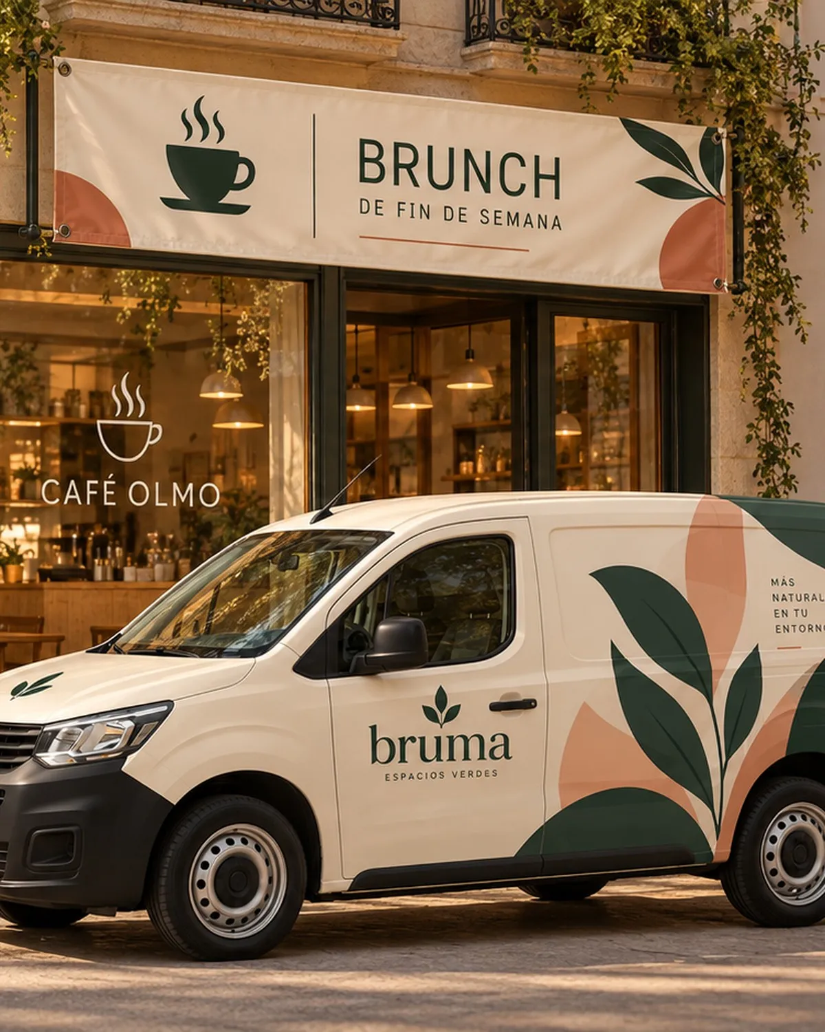 Furgoneta rotulada de la marca ficticia bruma aparcada frente a una cafetería con lona de brunch sobre la puerta y logo en vinilo en el escaparate